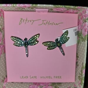 Betsey Johnson Green Iridescent Dragonfly Earrings